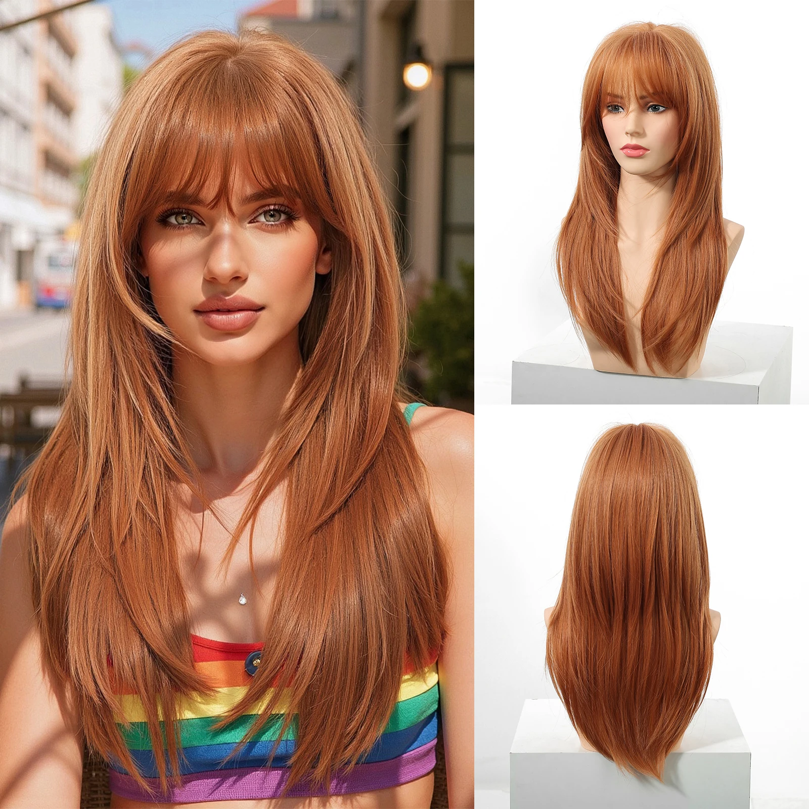 Allbell Magique Long Synthetic Wig With Bangs Natural Straight Orange Fake Hair For Women Heat Resistant Layered Party Cosplay