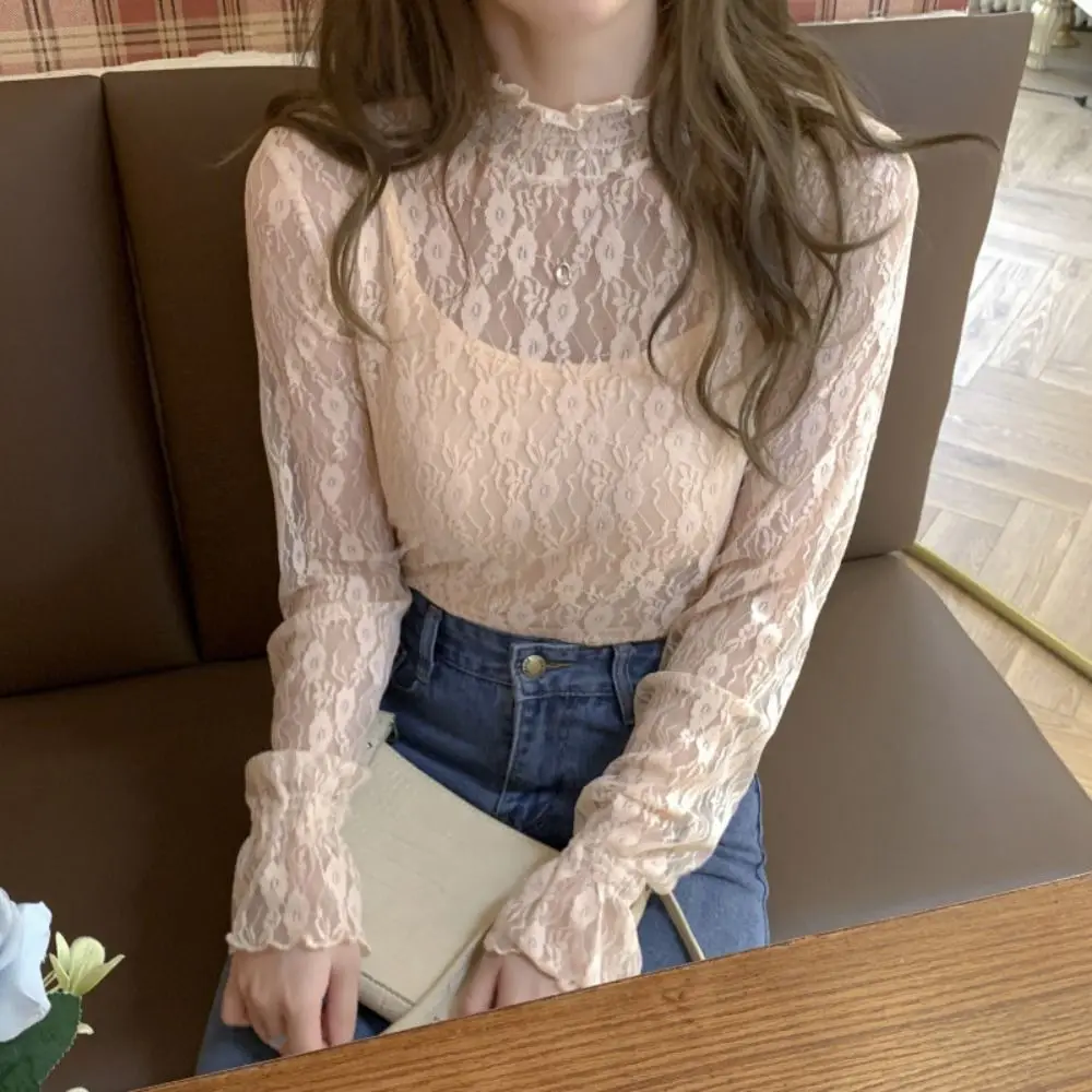 Half High Collar Lace Flower Top Dot Blouse Transparent Pullover Top See Through Streetwear Long Sleeved Mesh T-Shirts Girl