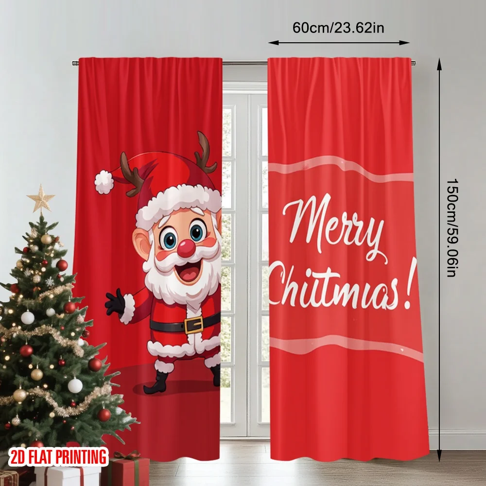 2pcs 2D flat printing Christmas Window Drapes Merry Christmas Santa Claus_a Polyester Without Electricity Party & Holiday Decor