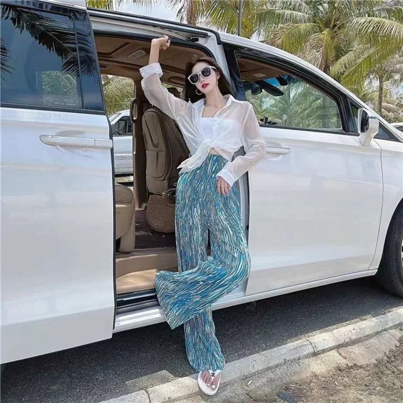 Korean Fashion Versatile Summer Women\'s Clothing Elastic Waist Tie Dye Pleated Casual Simple Loose High Waist Wide Leg Trousers