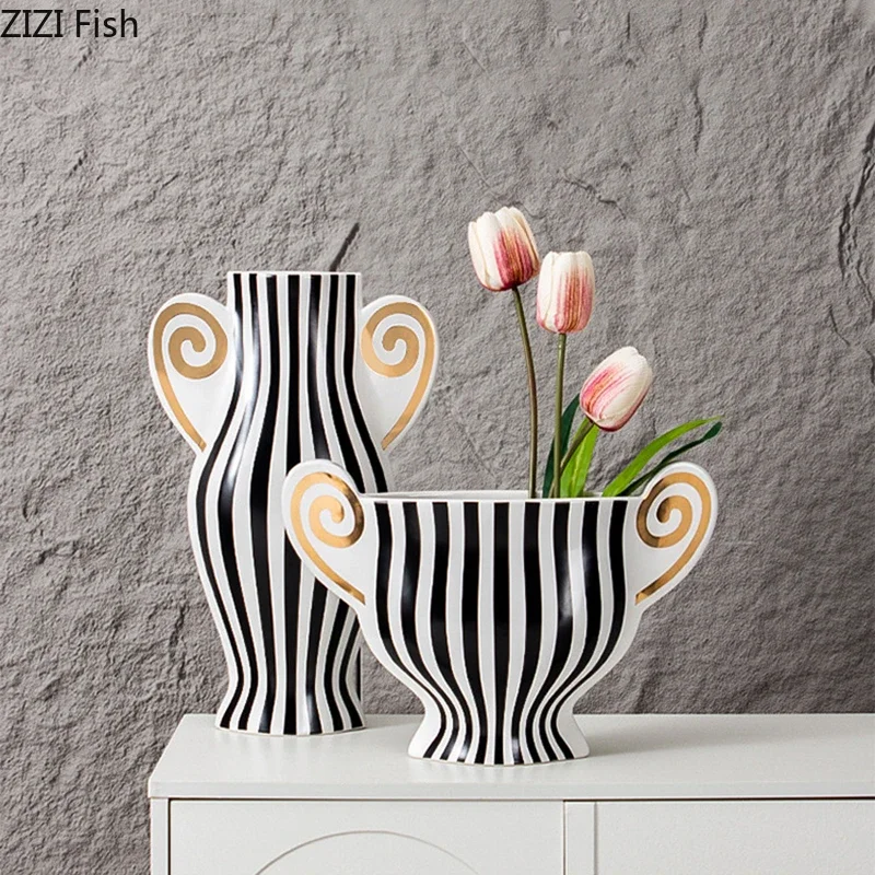 Zebra Stripes Ceramic Vase Flowers Pots Desk Decoration Flower Arrangement Black and White Floral Vases Room Aesthetic Decor