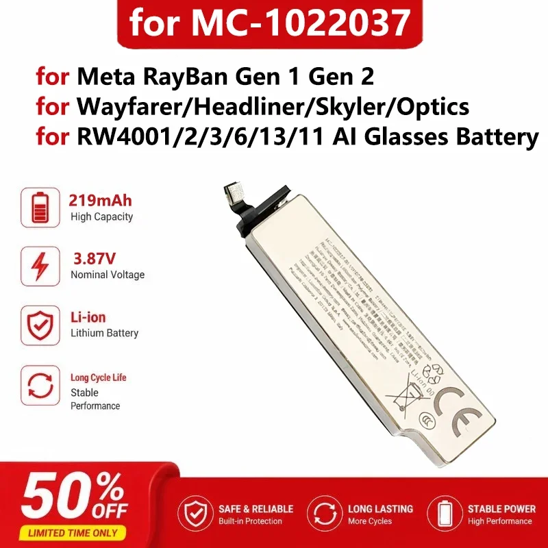 for 3.87V 219mAh for Meta for RayBan Gen 1 Gen 2 for Wayfarer Headliner Skyler Optics RW4001/2/3/6/13/11 AI Glasses Battery