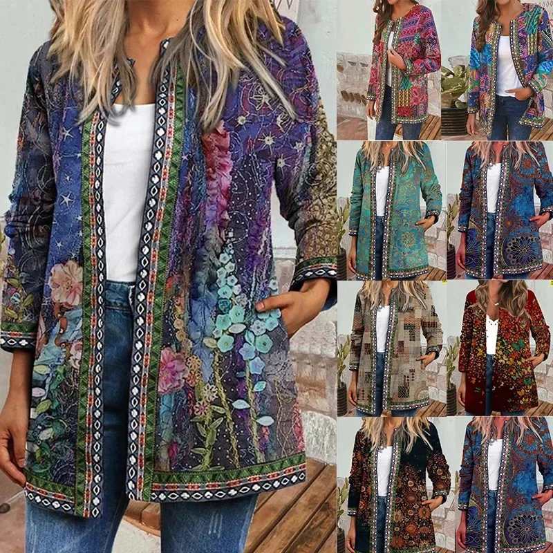 Long Sleeve Printed Open Cardigan Ethnic Style Women's Jacket Vintage Autumn Winter Loose Fit round 