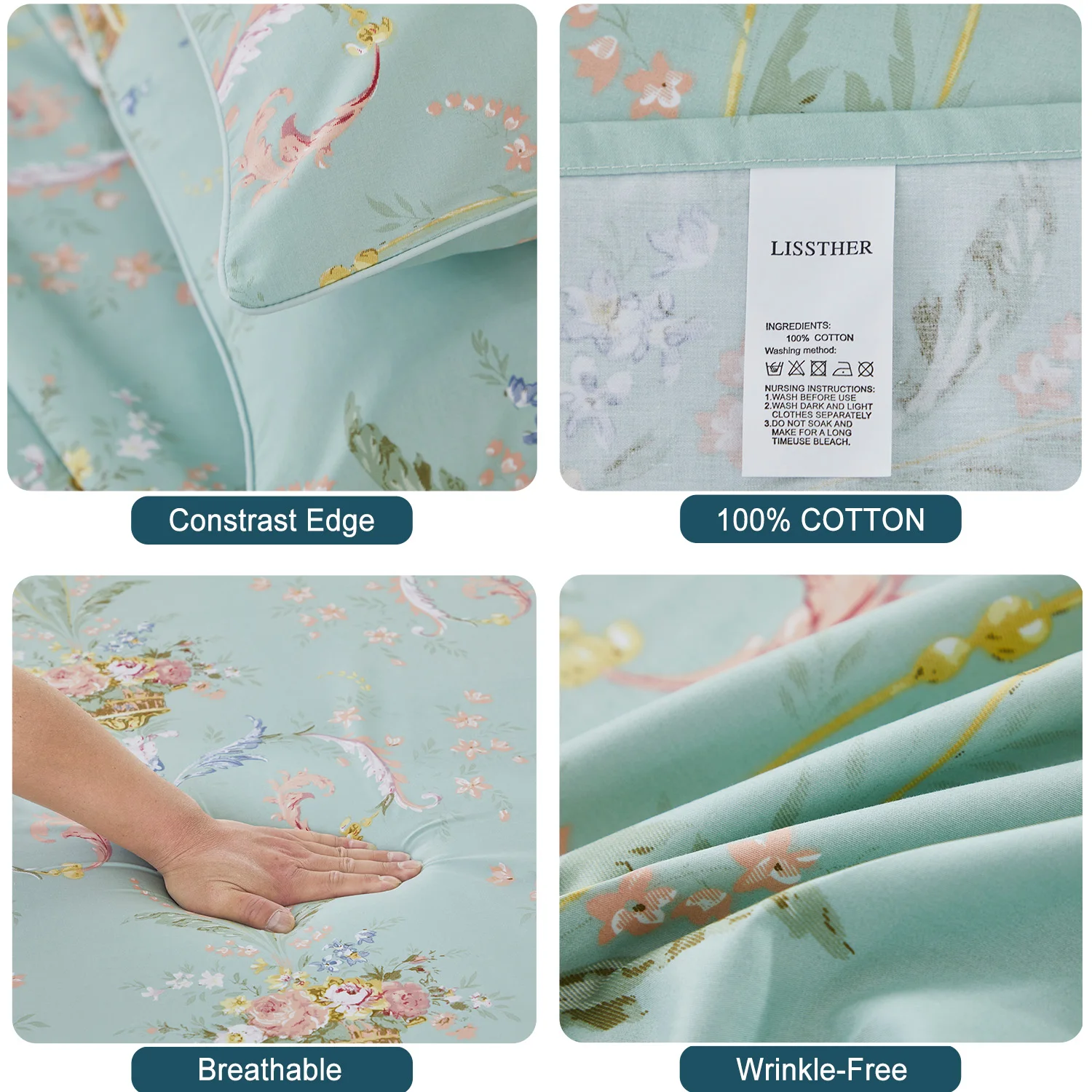 3pcs 600TC 100% Egyptian Cotton Duvet Cover Set, Floral Luxury Art Design, Soft Breathable Skin-Friendly (No Inserts)