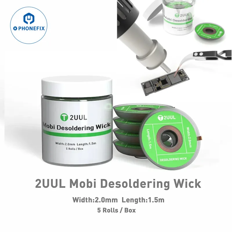 2UUL DW01 5 Rolls /Box Mobi Desoldering Wick Wire 2.0mm 1.5M for Mobile Phone Maintenance SMD PCB Board Welding Tin Removal Wire