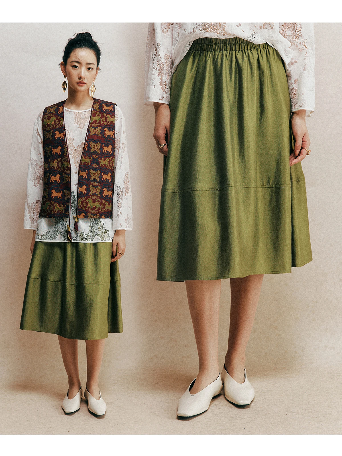 

Юбка-трапеция длиной до колена с цветочным принтом для женщин: простая, универсальная, с эластичной талией, из смесового хлопка, для повседневной носки