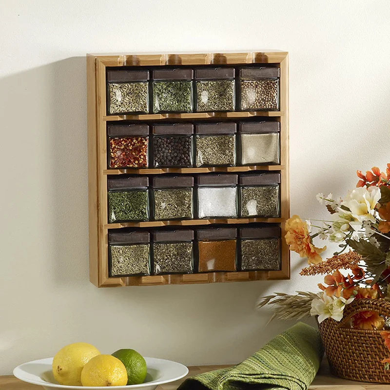 

Bamboo 16 Grid Kitchen Set Storage Rack Multifunctional Shelf for Spices Wall Mounted Table Dust Grain Storage Shelves Kitchen