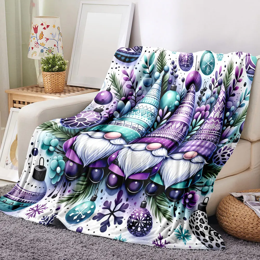 Christmas Gnome Blanket - Whimsical Festive Gnomes with White Beards & Pink Noses, Ornate Teal/Purple Ornaments, Evergreen Sprig
