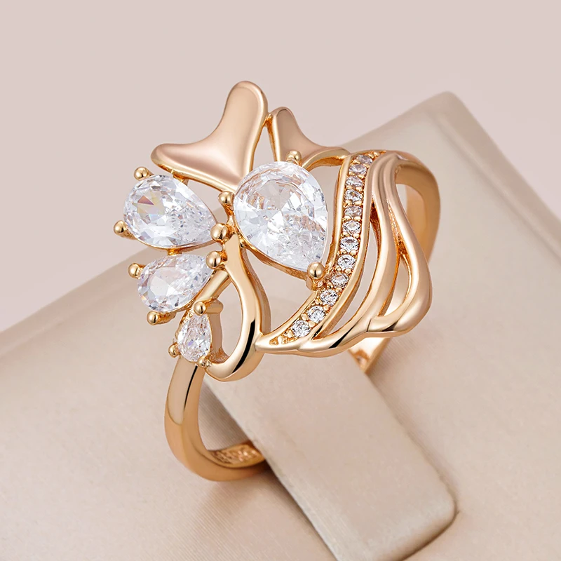 Kinel New Hyperbole Ethnic Bride Rings 585 Rose Gold White Natural Zircon Party Fashion Wedding Jewelry Crystal Flower Big Ring