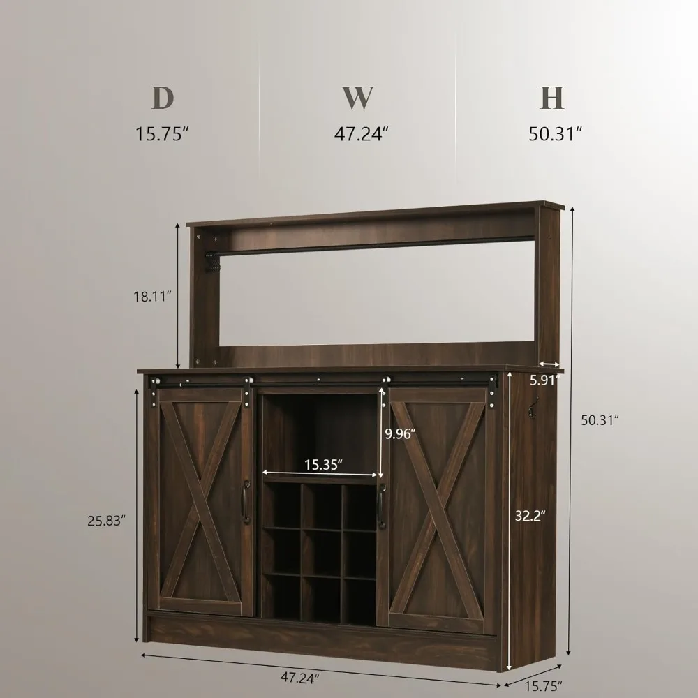 Coffee Bar Cabinet with 6 Hooks, 47” Liquor Wine Bar Cabinet with 9 Wine Racks,Buffet Storage Cabinet with Adjustable Shelves