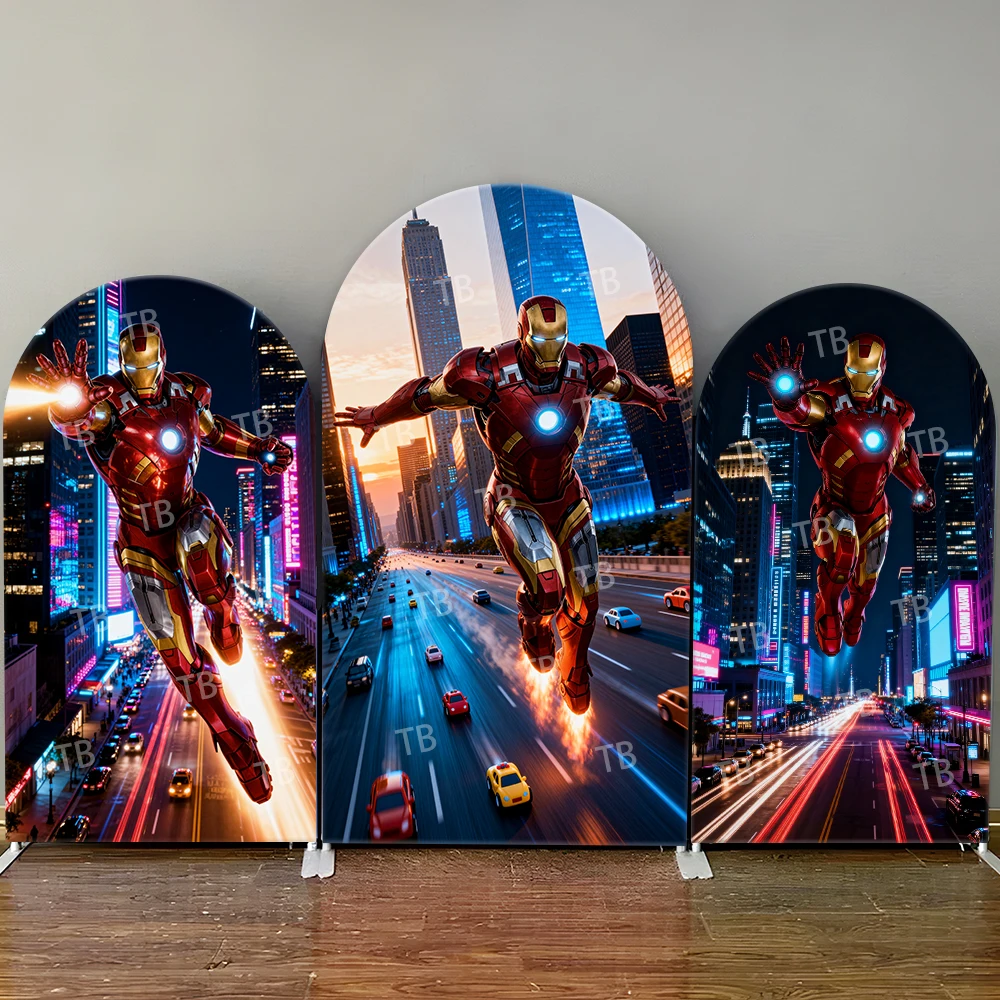

Iron Man Arch Backdrop Cover City Street Neon Lights Sunset Scene For Boys Birthday Party Superhero Theme Photo Booth Decor Prop