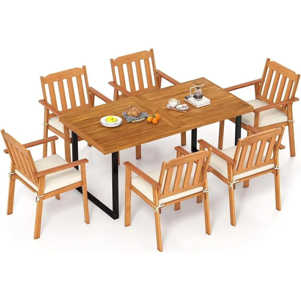 

7 Pieces Patio Dining Table Set, 63” RecAcacia Wood Table with Umbrella Hole and 6 Cushioned Armchairs, Outdoor Dinette urniture