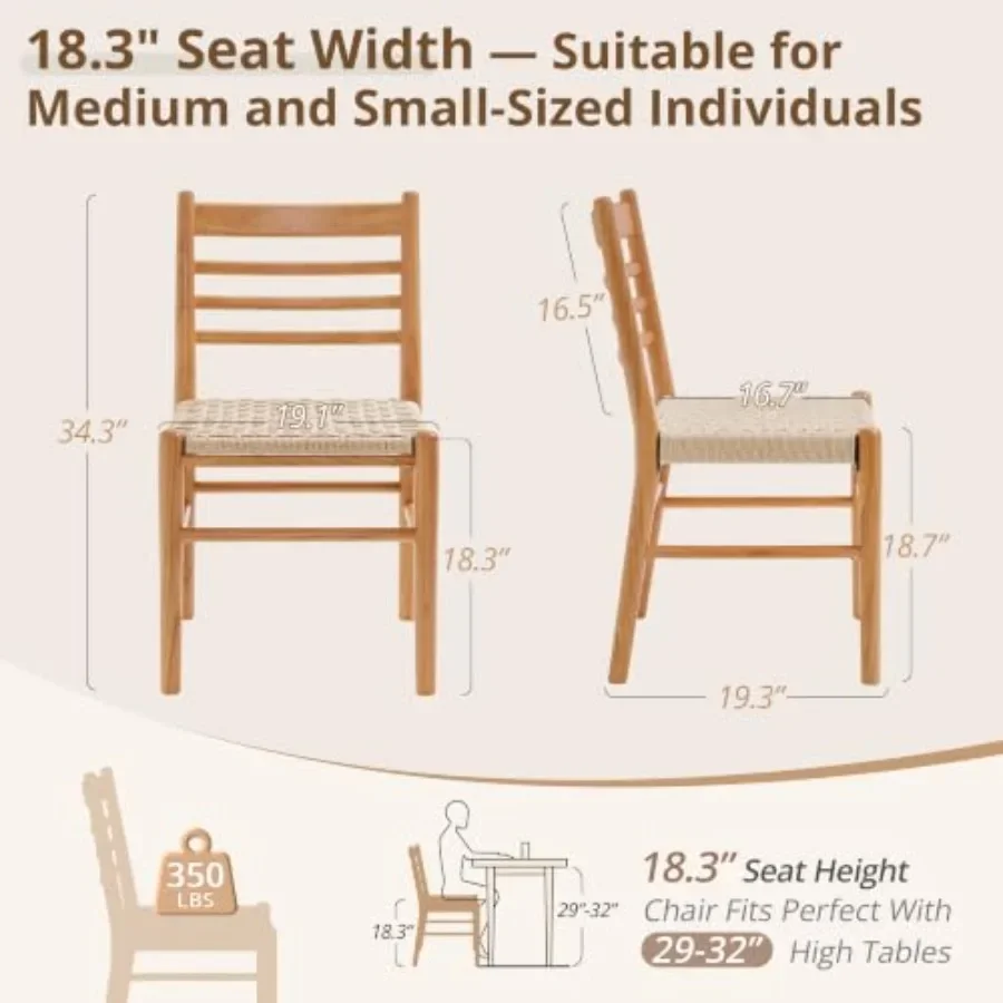 Dining Chairs Set of 4, Mid Century Modern Solid Rubberwood Ladder Back in Natural Brown, Hand Woven Rattan Paper Rope Seat Dur