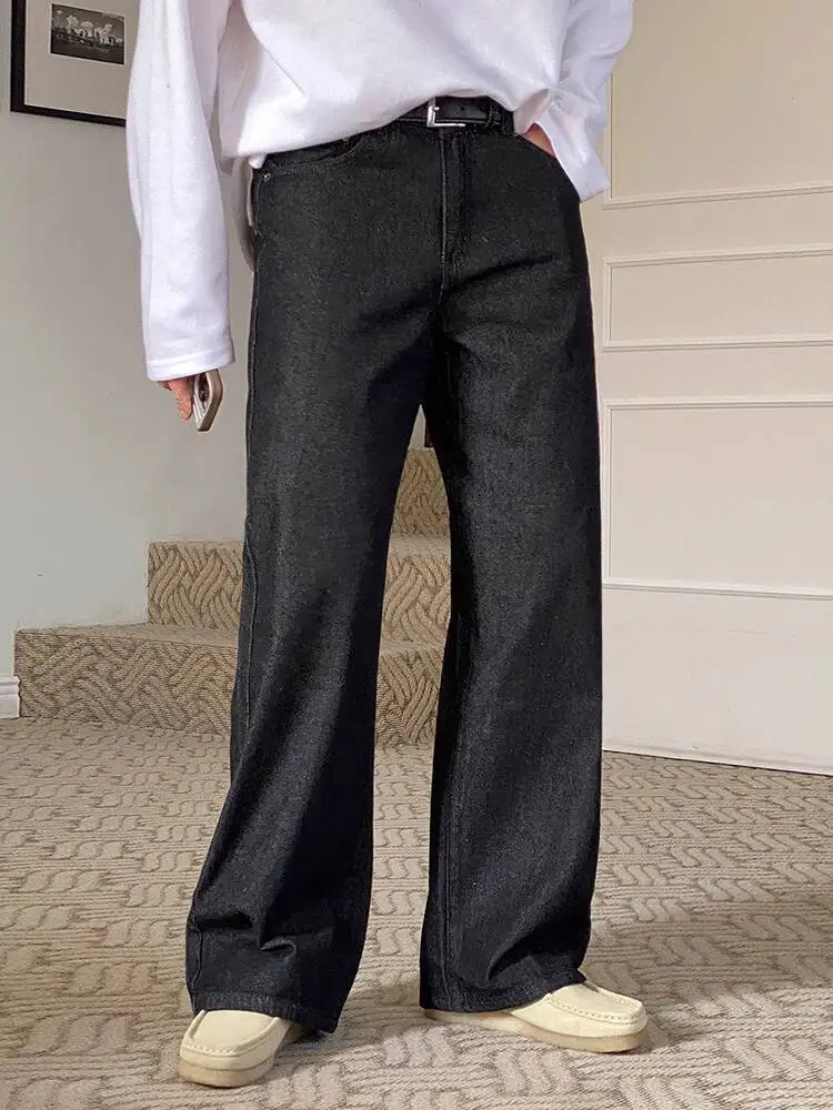 

2025 Autumn Men's Denim Pants Solid Color Casual Washing Trousers Straight Wide Leg Loose Male Korean Style Jeans