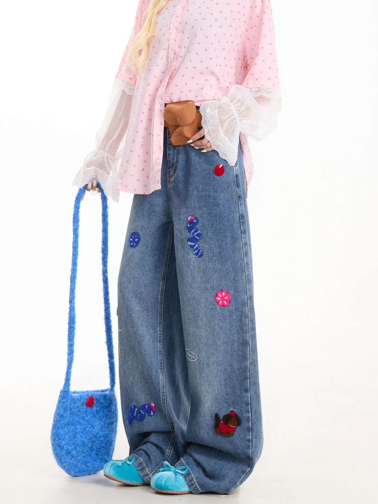 NERESUM Cartoon Washed White Denim Jeans Women's American Trendy Straight Leg Wide Leg Pants Cotton Natural Waist Button Fly