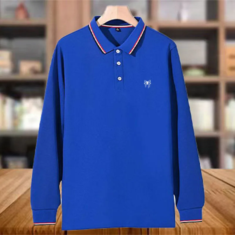 High end brand men\'s exquisite printed long sleeved solid color polo shirt Spring and Autumn business casual comfortable T-shirt