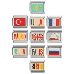 National Flag Series Italian Charm Stainless Steel Bracelet 9mm Diy Turkey Brazil Britain France Russia