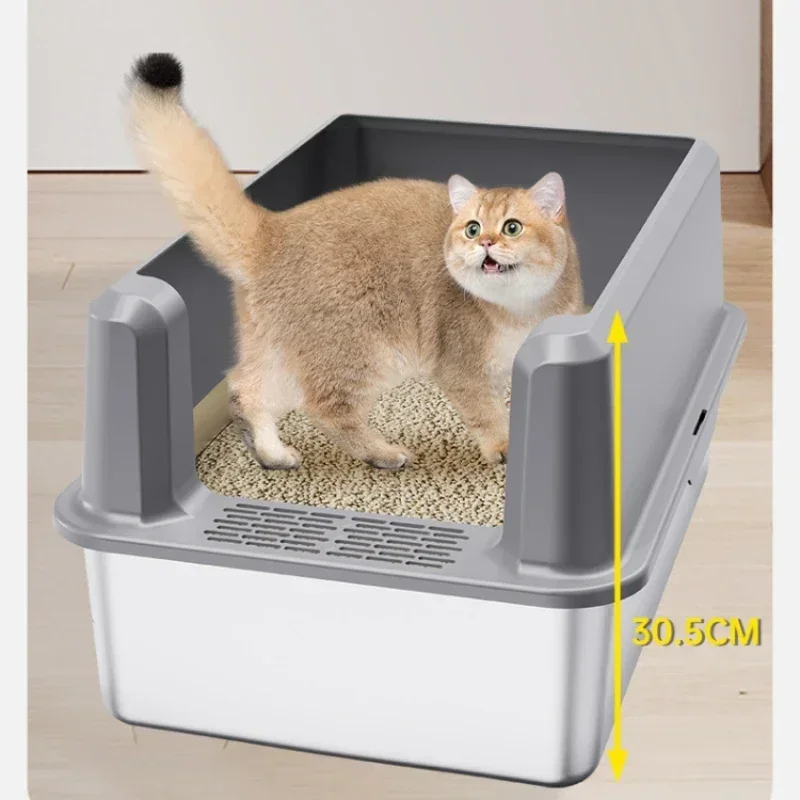 Caja de arena de acero inoxidable Premium para gatos, Extra grande con protector contra salpicaduras de olor, Arenero de valla alta, solución higiénica de inodoro felino