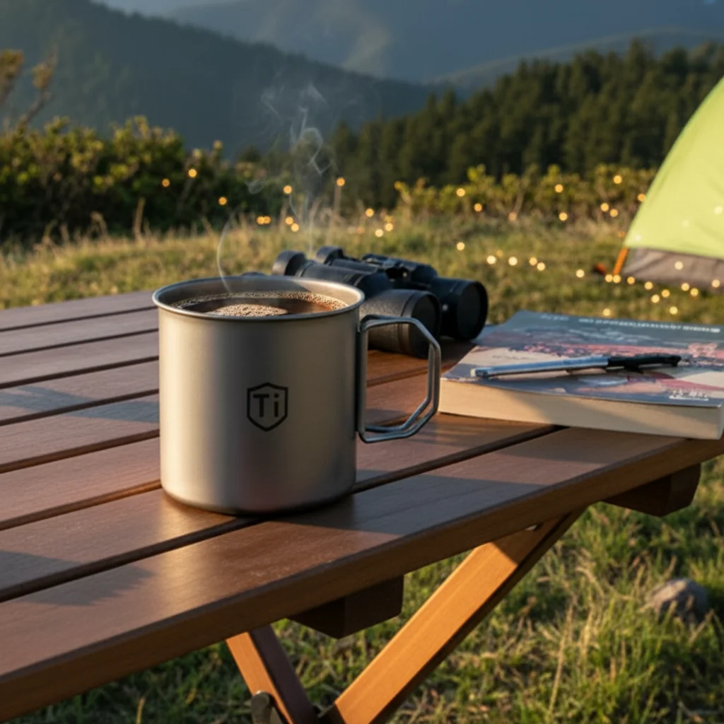 Titan-Faltbecher für Outdoor-Camping, Wandern und Picknick, Tragbarer Reise-Tee- und Kaffeebecher mit Netzbeutel, Leichtes Trinkgeschirr