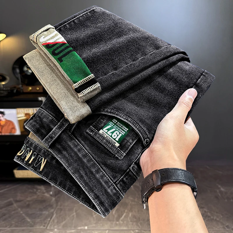 جينز رجالي كاجوال طويل مستقيم من قماش الدنيم قابل للتمدد للخريف والشتاء جينز كلاسيكي بحزام موضة كورية بنطلون جينز أزرق وأسود #4