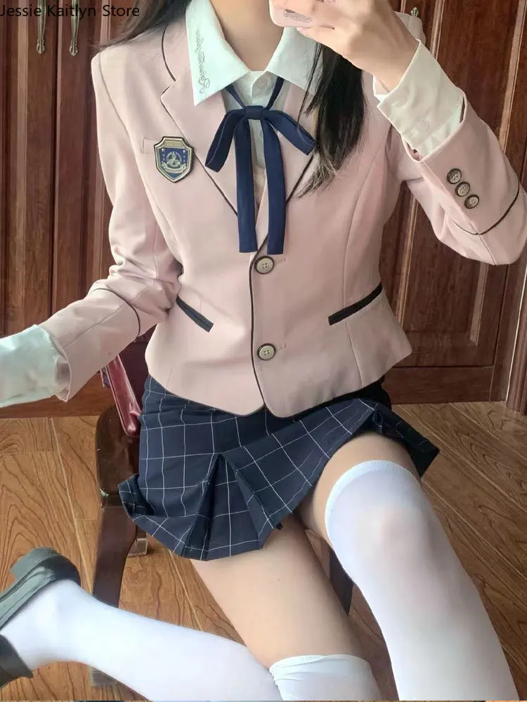 Japanese Student Kawaii JK School Uniform Fashion Long Sleeve Knitted Vest Uniform Korean Sweet Cute Girls Blazers Pleated Skirt