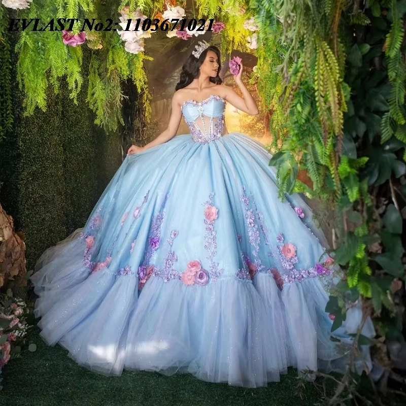 

EVLAST Блестящее небесно-голубое платье Quinceanera по индивидуальному заказу, бальное платье розового цвета с 3D цветочной аппликацией и бисером Sweet 16, Vestidos De 15 Anos E2Q16