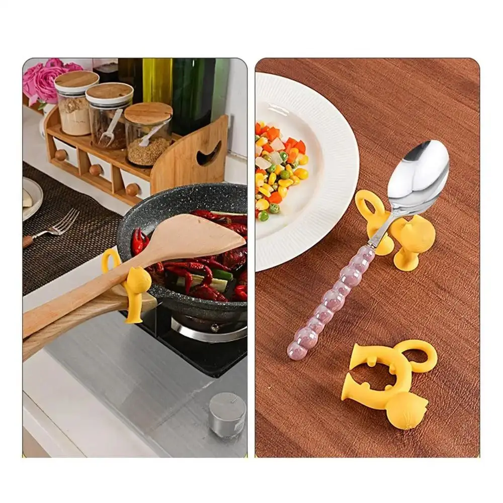 Porte-spatule Anti-brûlure en forme de chat, Base à ventouse, trou de suspension, support de cuillère en Silicone, résistant à la chaleur et antidérapant, 4 pièces