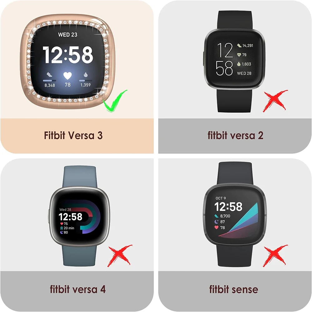 Fitbit Versa 3 센스 워치용 블링 범퍼 케이스, 반짝이는 크리스탈 라인석 보호 프레임, 화면 없음