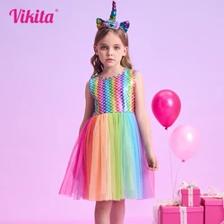 VIKITA Girls Sleeveless Summer Dress Kids Rainbow Print Colorful Multicolor Dresses Girls Mermaid Print Party Princess Vestidos