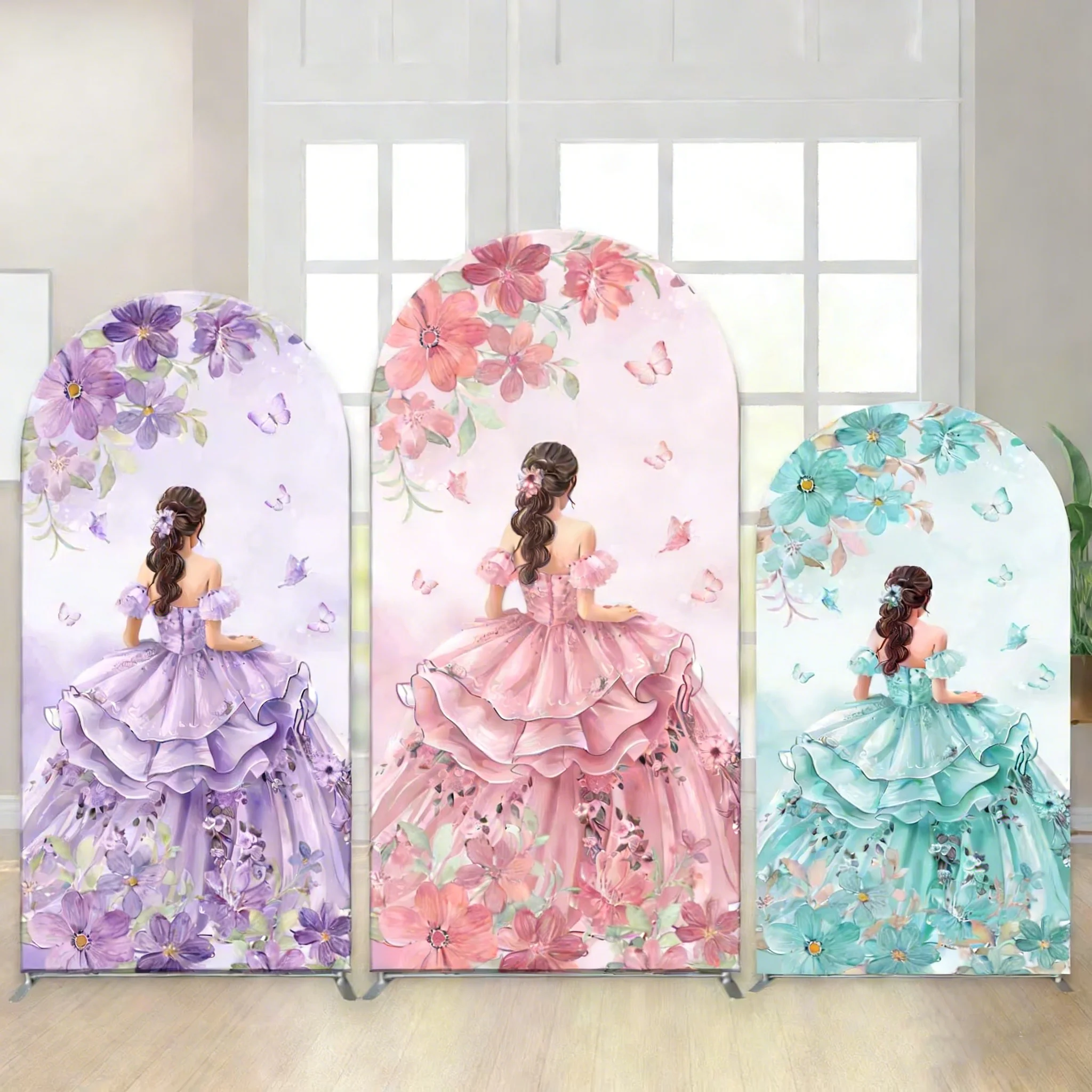 Princess Quinceanera Birthday Arched Backdrop Flowers Girl Sweet Dress Happy Birthday Party Background Custom 2-sided Covers