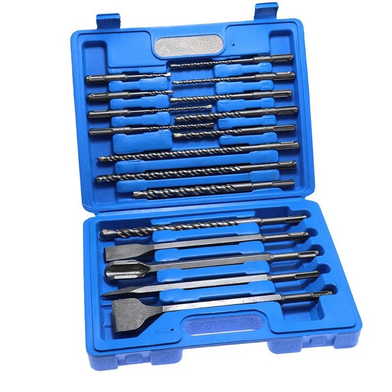 

17Pcs Sds Electric Hammer Drill Bit Set Chisel Plastic Box Impact Concrete Masonry Drilling Grooving