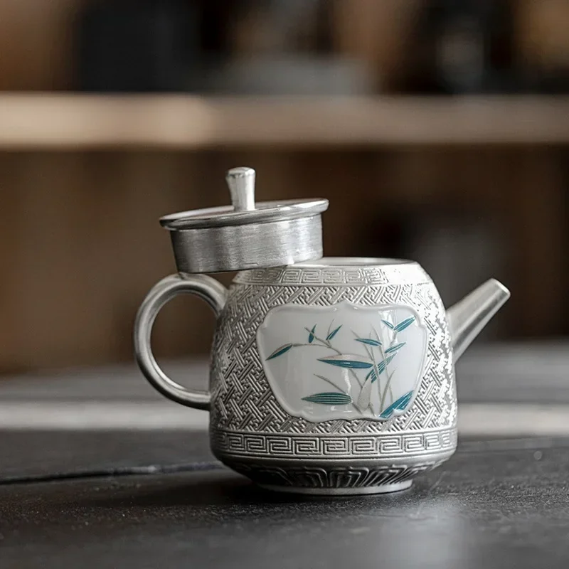 

180ml Luxury Open Window Bamboo Teapot Handamde 999 Sterling Silver Gilded Pot Tea Making Kettle Tea Ceremony Collection Gifts