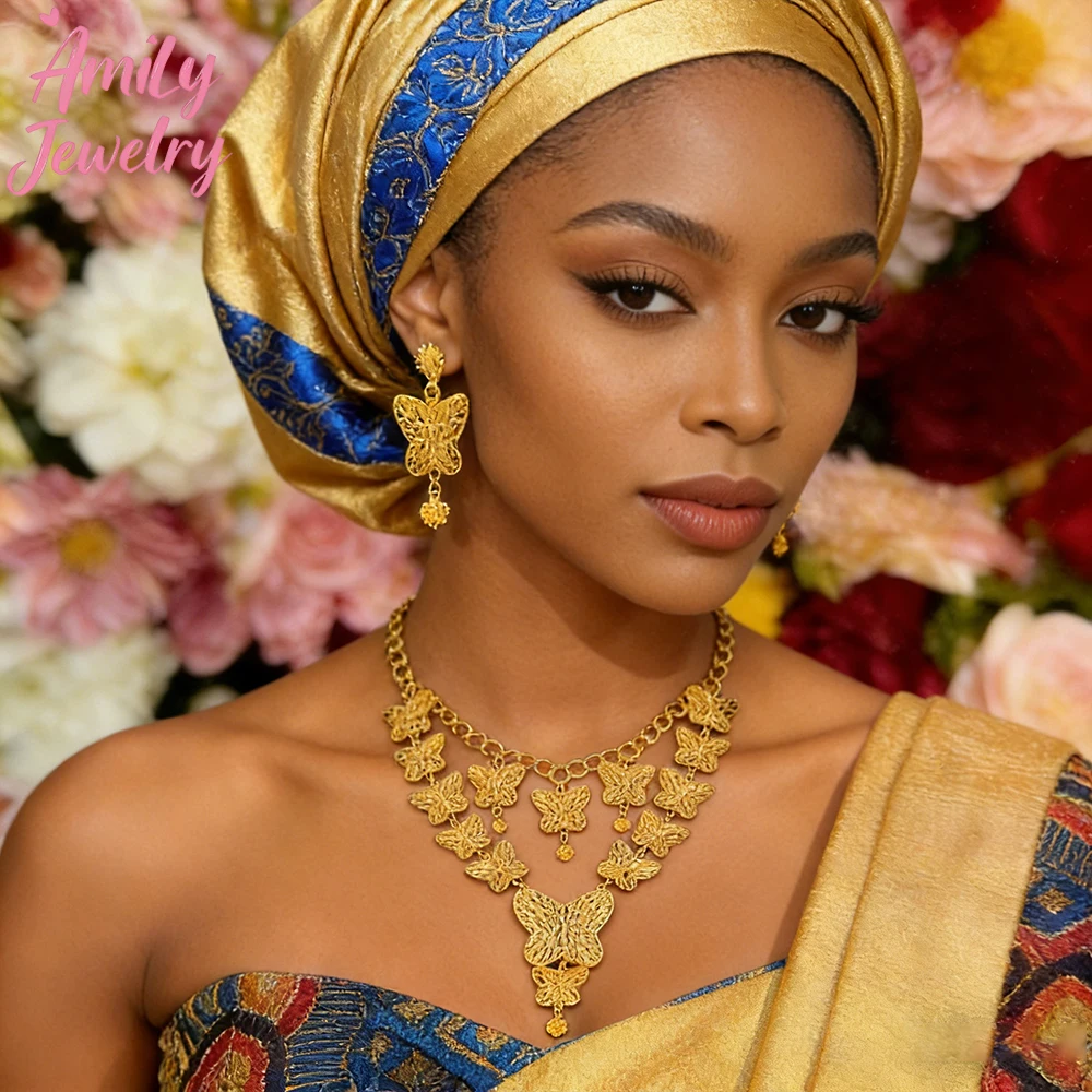 

Fashion Women Necklace with Drop Earrings 2Pcs Classic Gold Color Butterfly Jewelry Set Trendy Luxury Lady Jewelry Daily Party