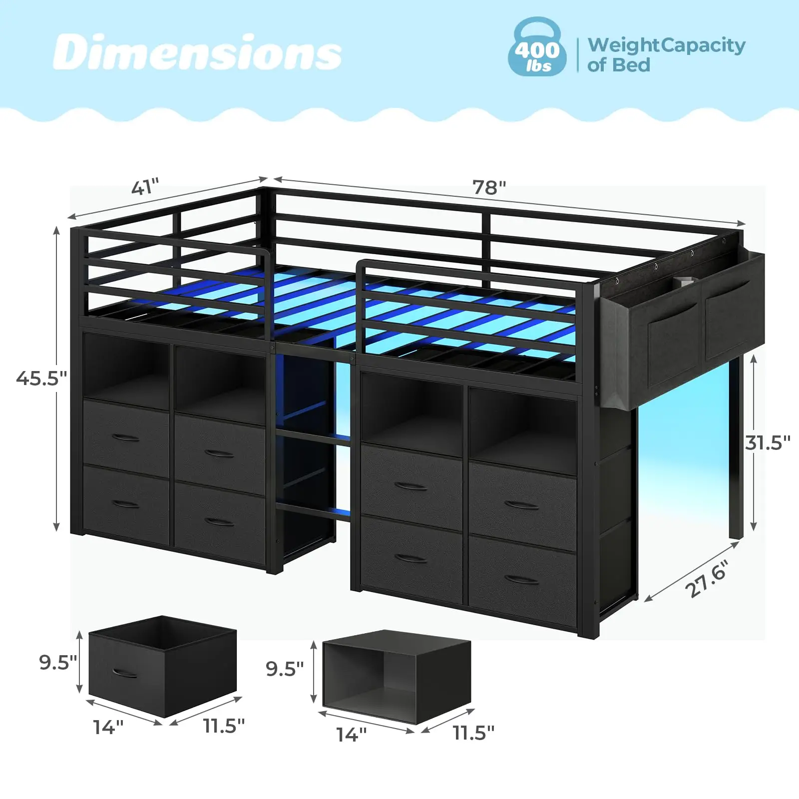 Low Loft Bed Twin Size with 8 Storage Drawers for Kids, Black