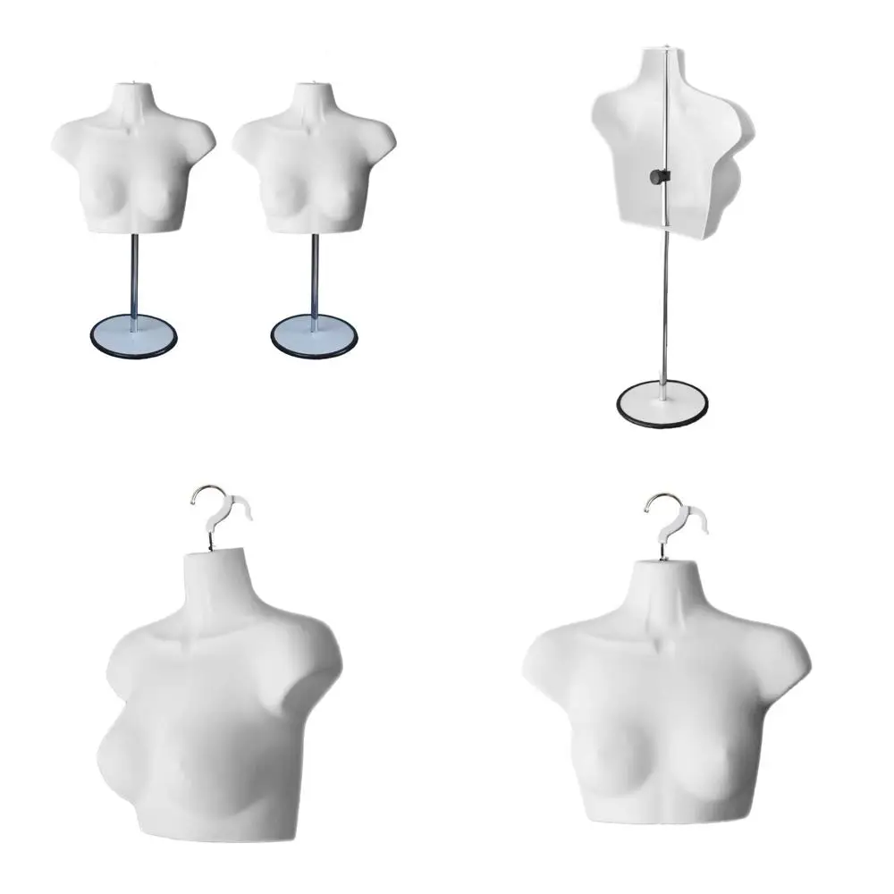 مجموعة عارضة أزياء نسائية بيضاء مقاس S-M طويلة مجوفة من الخلف مع حامل معدني وعمود وخطاف معلق للعرض