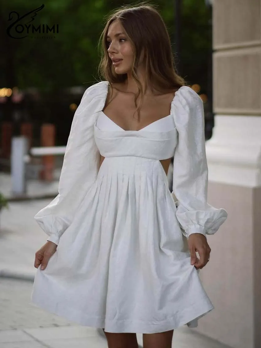 

Oymimi Women's White Cutout Back Mini Dress 2026 Spring Puff Sleeve Square Neck Pleated Waist Elegant Party Casual Fashion Dress