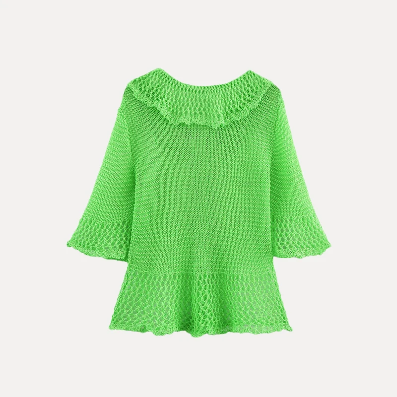 een ort Sve Hollow out Knitted Jaet Women's Sle Summer New Arrival Loose Fit Street Sle Polyester Fiber Button C...