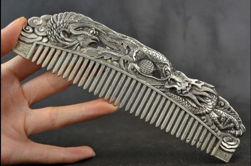 Chinese Old Decoration Collectibles Handwork Tibet Silver Carving Dragon Comb A+