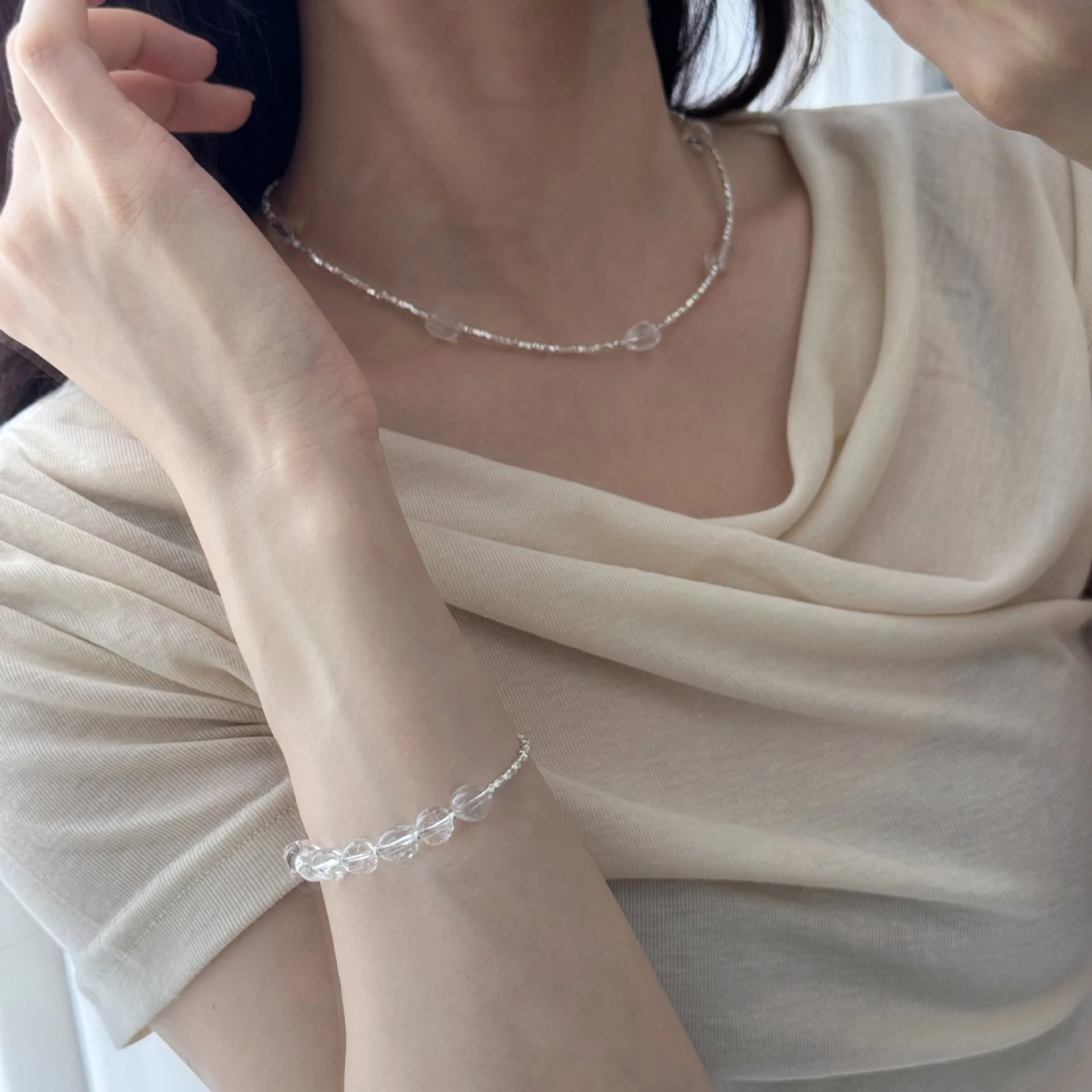 

S925 Sterling Silver Summer Clear Quartz Indie Jewelry Set Crushed Ice Necklace Minimalist Style Bracelet Ethereal Airy Beads