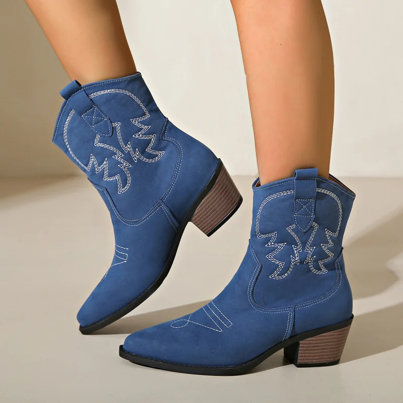 

Large Size Western Cowboy Boots for Women with Suede Thick Heel and Pointed Toe V Women's Slimming Retro Short Boots