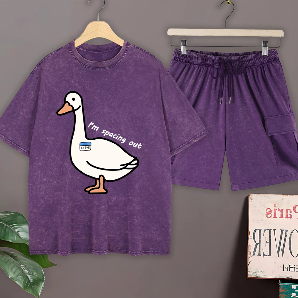 

Goose Is Lost In Thought Cotton Washed T-Shirts Set Mens Summer Oversize T Shirt Cargo Shorts O-Neck Short Sleeve Tops Pants
