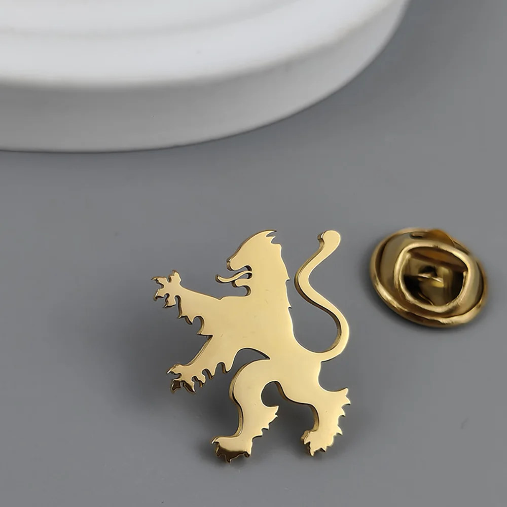 Lion Gold Plated Stainless Steel Badge, Suit Collar Brooch, Silver Black Lapel Pin, Men's Dress Accessories