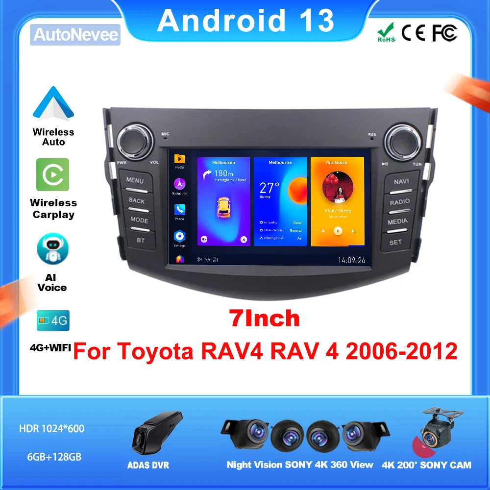 

7-дюймовый автомобильный радиоприемник Android для TOYOTA RAV4 RAV 4 2006-2012, автомобильный мультимедийный беспроводной Автомобильный дисплей с Bluetooth, фото-и видеокамерой