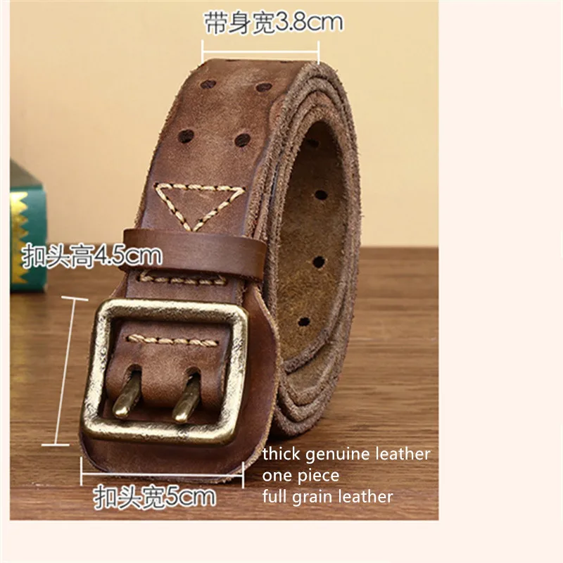 2024 Men 2 Pin Buckle Top Real Full Grain Genuine Leather Belt 38 mm Double Needle Casual Jeans Belt