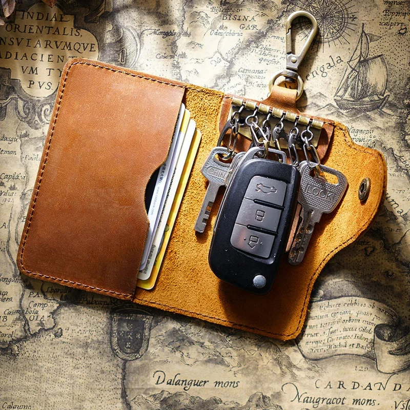 GENODERN Handmade Top Layer Cowhide Key Purse Business Men Key Holder Retro Card Holder Portable Large Capacity Keychain