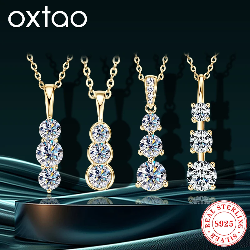 

OXTAO Original Moissanite Diamond Necklace Women's Jewelry 925 Silver Chain Plated 14K Gold Three Stone Pendent Necklaces