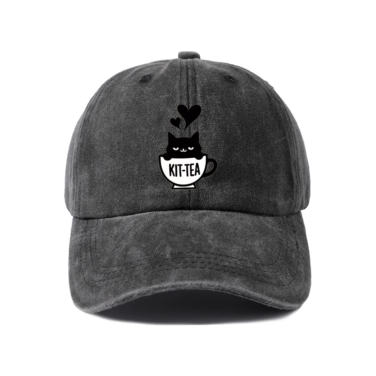 Black Cat Coffee Cup Graphic Baseball Cap, Vintage Washed Adjustable Unisex Dad Hat, Streetwear Gift