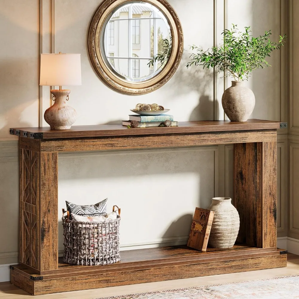 

Console Table, 63-Inch Farmhouse Entryway Table with Storage, Rectangular Narrow Sofa Tables Behind The Couch
