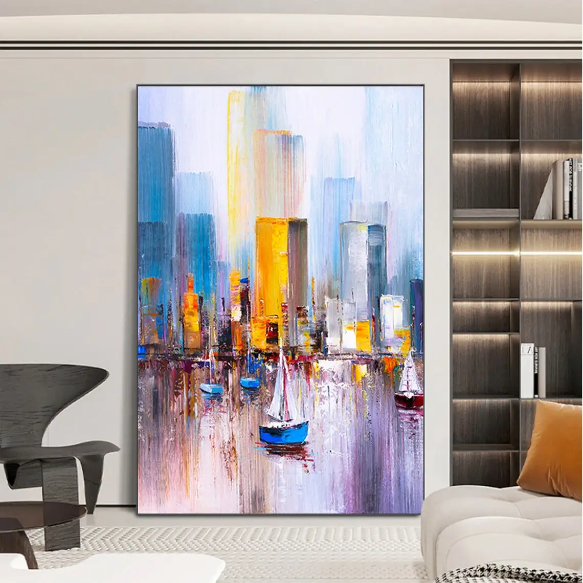 

Abstract Cityscape Oil Painting Hand Painted on Canvas Large Original Modern City Boat Painting Landscape Wall Art Home Decor