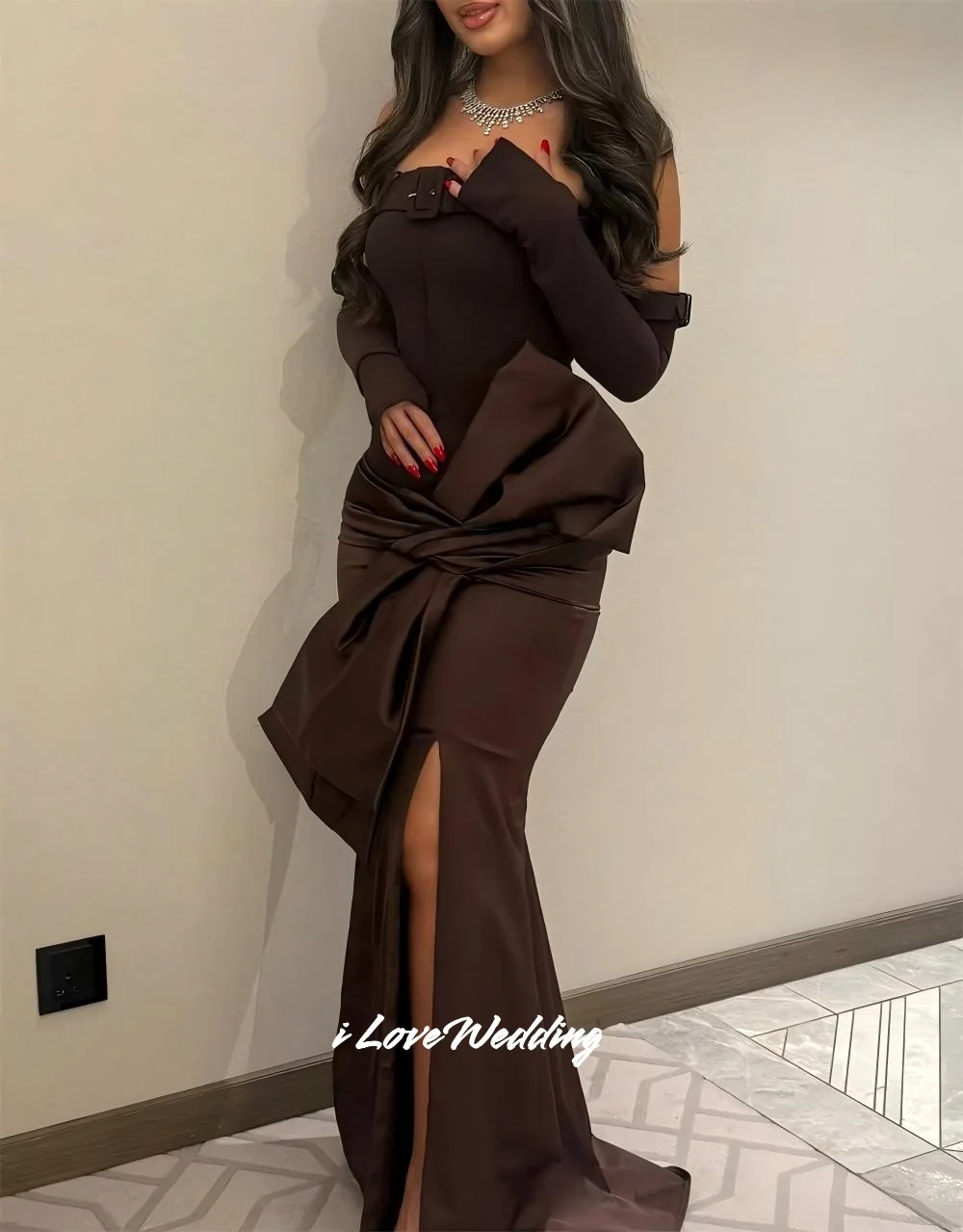 

Brown Strapless Belt Mermaid Long Sleeve Bow Evening Dresses Side Split Sweep Train Bespoke Occasion Dresses Pleated Customized